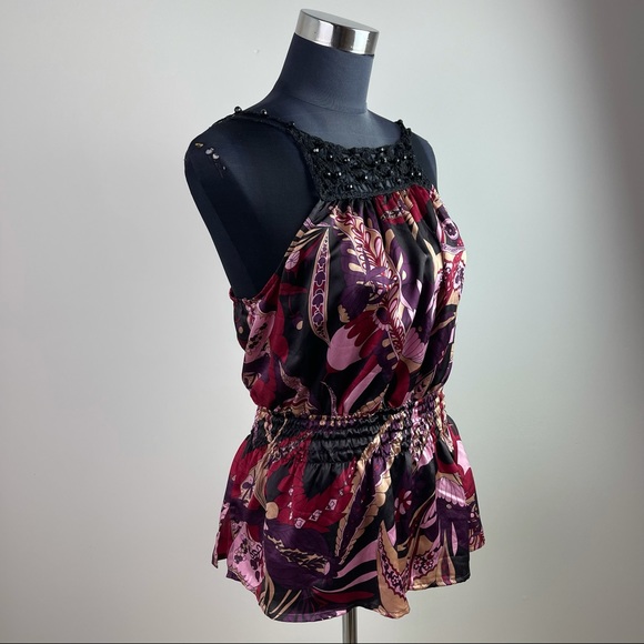 Purple Silk Floral Print Cinched Sleeveless Beaded Blouse - Picture 4 of 9